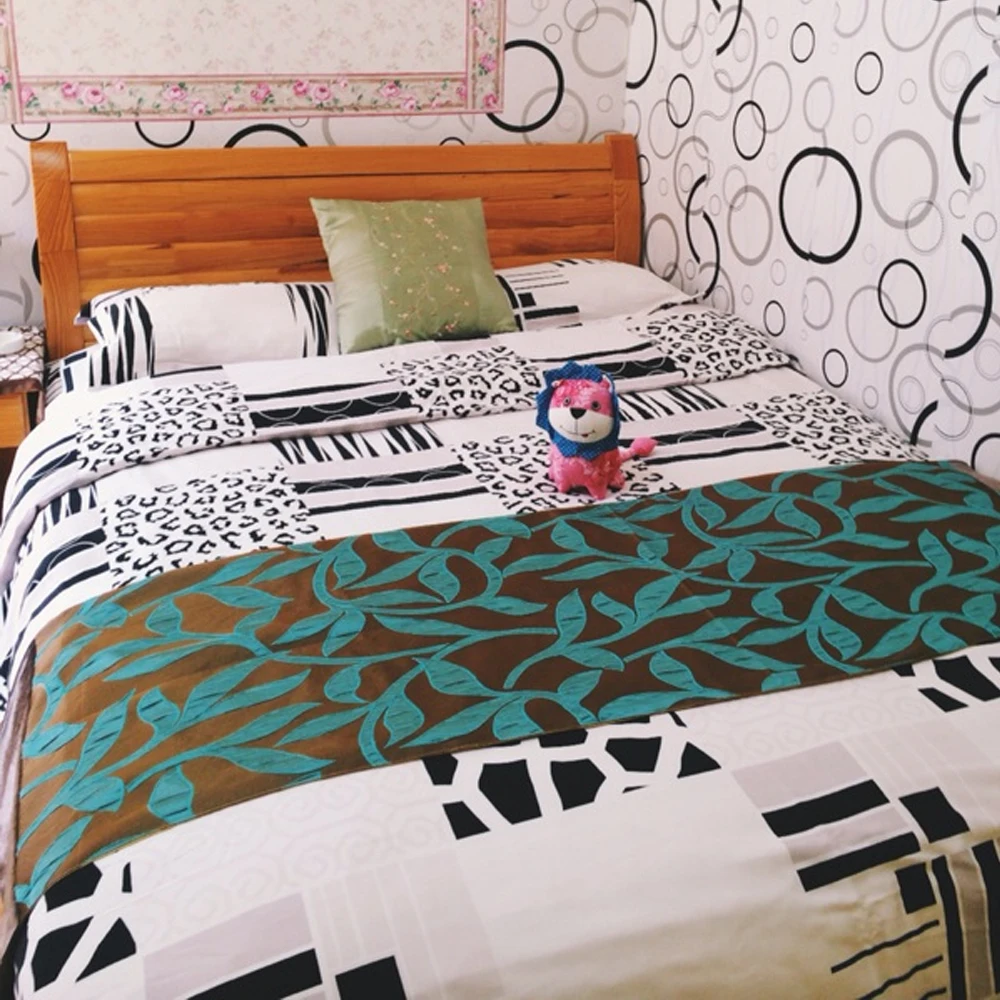 RAYUAN Hotel Bedspread Green Leaf Rustic Double Layer Bed Runner Throw Bedding Protector Single Queen King Bed Tail Towel