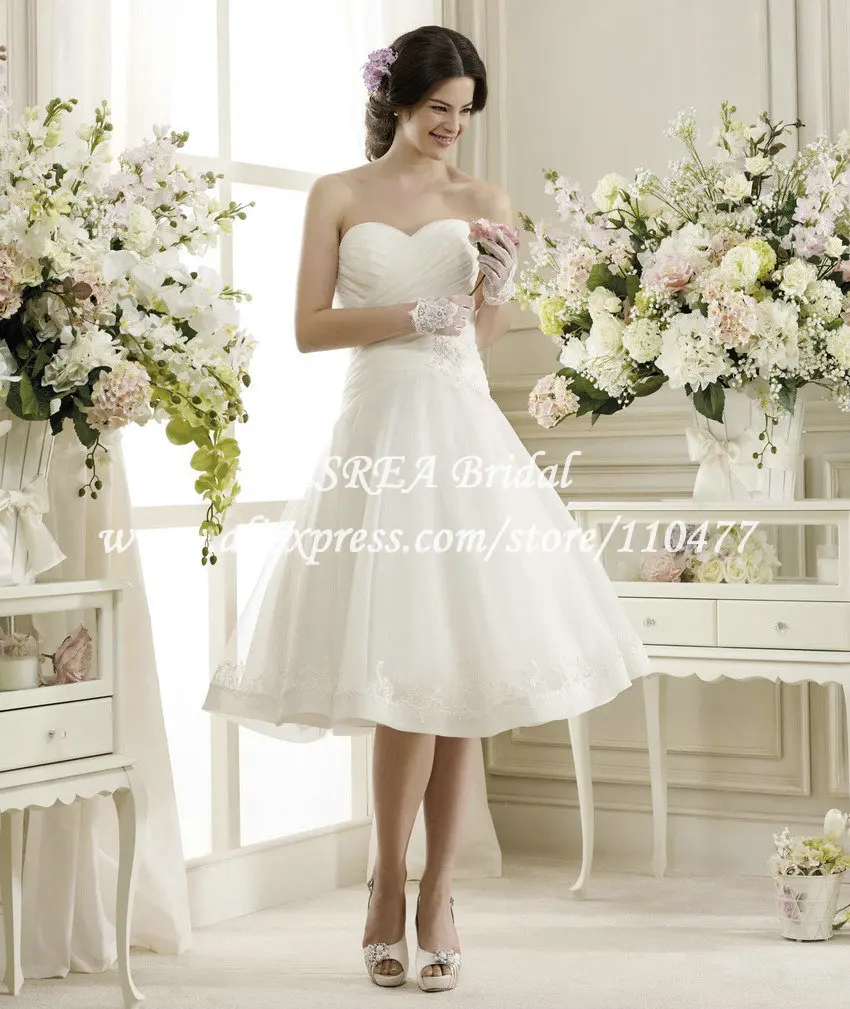 Vogue Sweetheart Organza Tea Length Short Wedding Bridal Dress Lace Hem