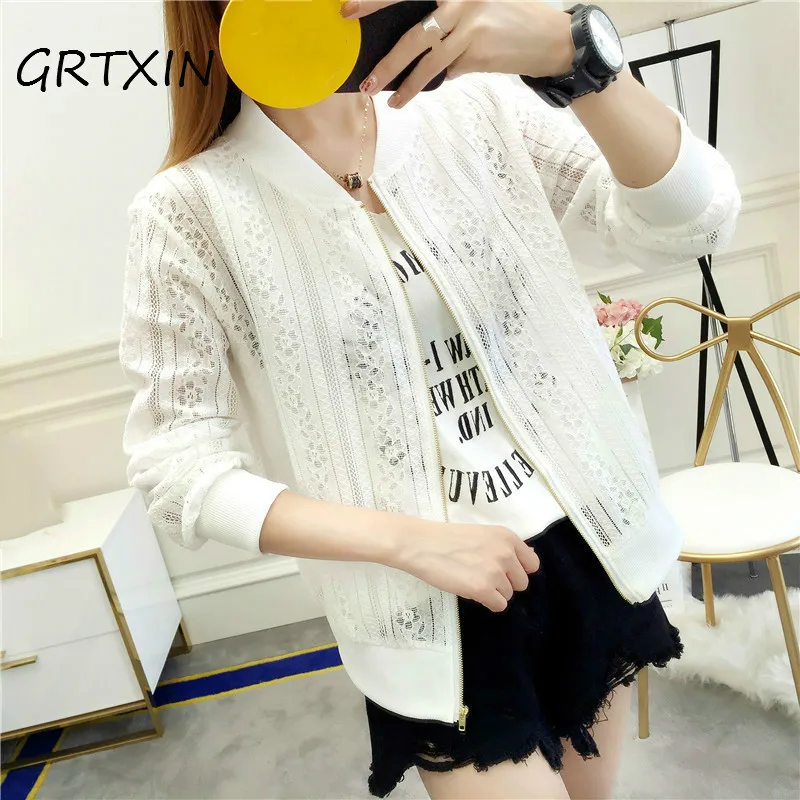 

Women's Summer Thin Jacket Lace Long Sleeve Sunscreen Women Clothing Hollow Out Breathable Bomber Jacket Black White