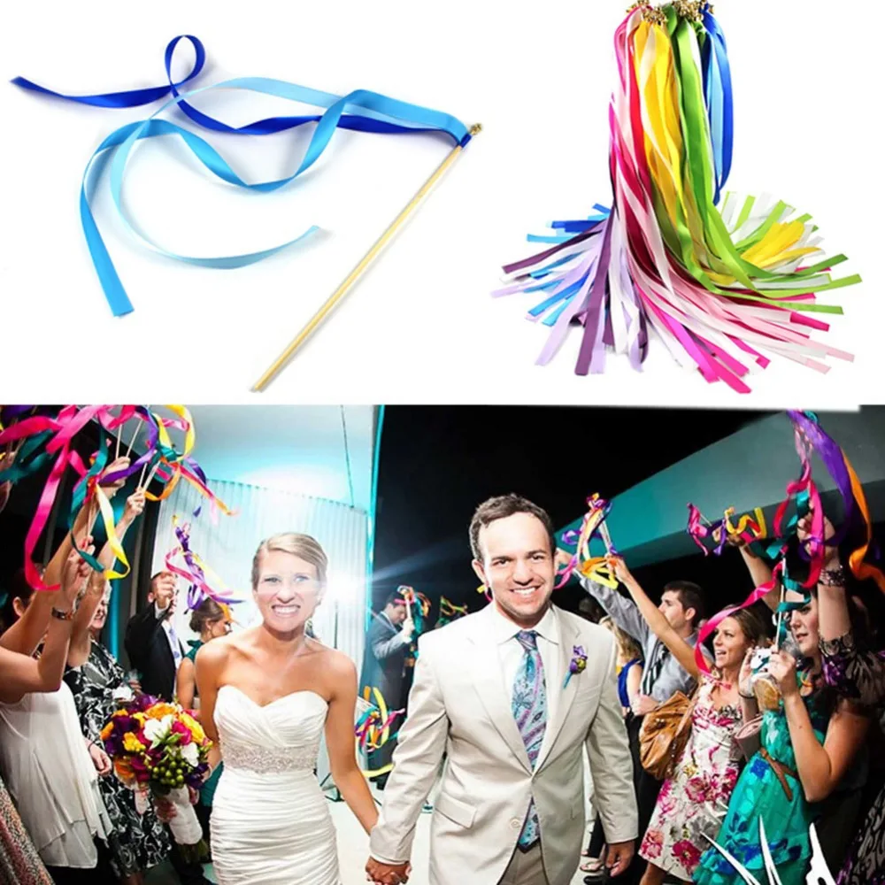 

10Pcs Multicolor Wedding Confetti Twirling Stream Ribbon Sticks Wands with Bell Garland Party Favor Supplies