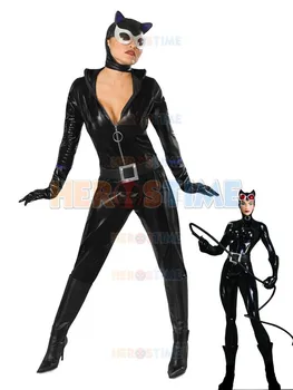 

Black Catwoman Superhero Costume Shiny Metallic Halloween Cosplay Batman Costume Hot Sale Show Zentai Suit