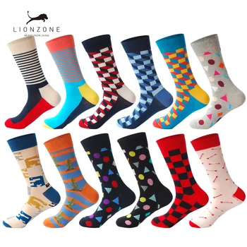 

LIONZONE 12Pairs/Lot Men's Colorful Combed Cotton Socks British Style Grid Block Casual Dress Crew Socks Happy Wedding Gift