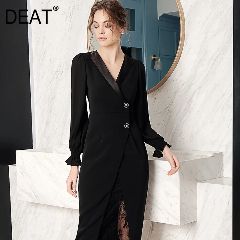 

[DEAT] 2019 New Spring Summer V-collar Long Sleeve Black Oblique Button Lace Stitch Two Piece Dress Women Fashion Tide JR07