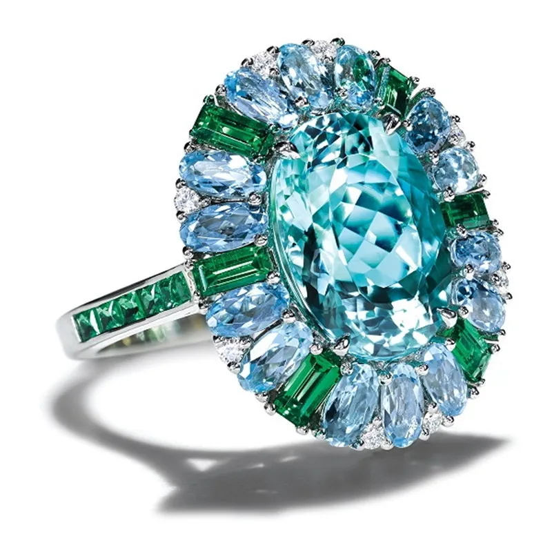 ZHIXUN New Trendy Blue Stone Ring Huge Oval Sliver Green Stone Ring For