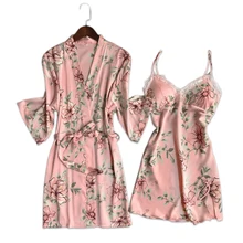 Fresco y floral Satén de seda vestido sexy vestido conjuntos mujeres albornoces vestido de kimono de encaje de flores de seda ropa de dormir de las mujeres traje trajes