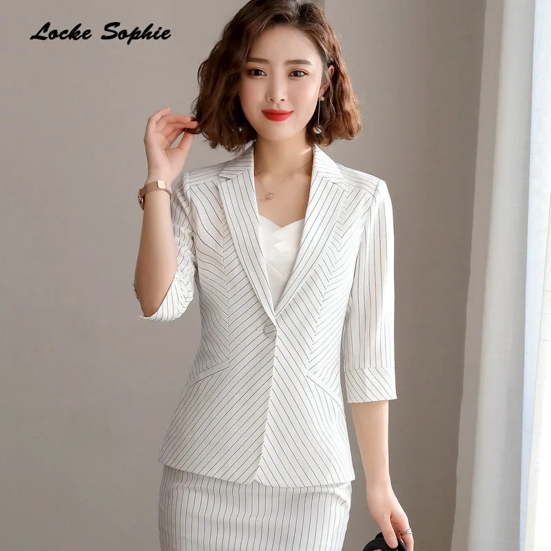 1pcs Women's Plus size Blazers coats 2019 Summer cotton Splicing stripe Small Suits jackets ladies Skinny Blazers Suits coats