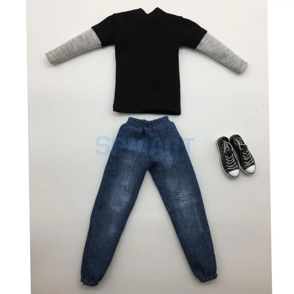 1/6 Scale Mens Outfits Clothes Black Long T-shirt Denim Jeans and Canvas Shoes Set for 12inch   Action Figure Accessories