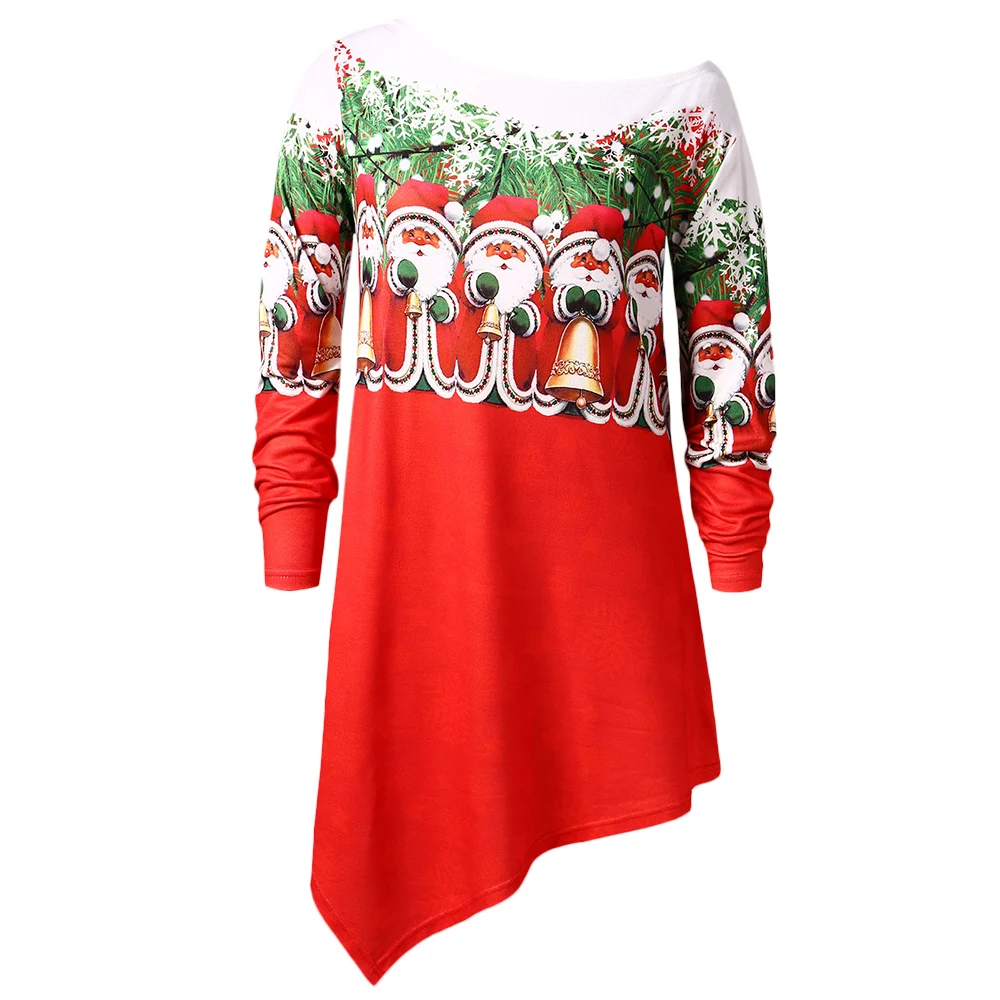 

Wipalo Plus Size Skew Neck Santa Claus Print Christmas T-Shirt Female Fall Asymmetric Long Tee Women Clothing Casual Shirt 5XL