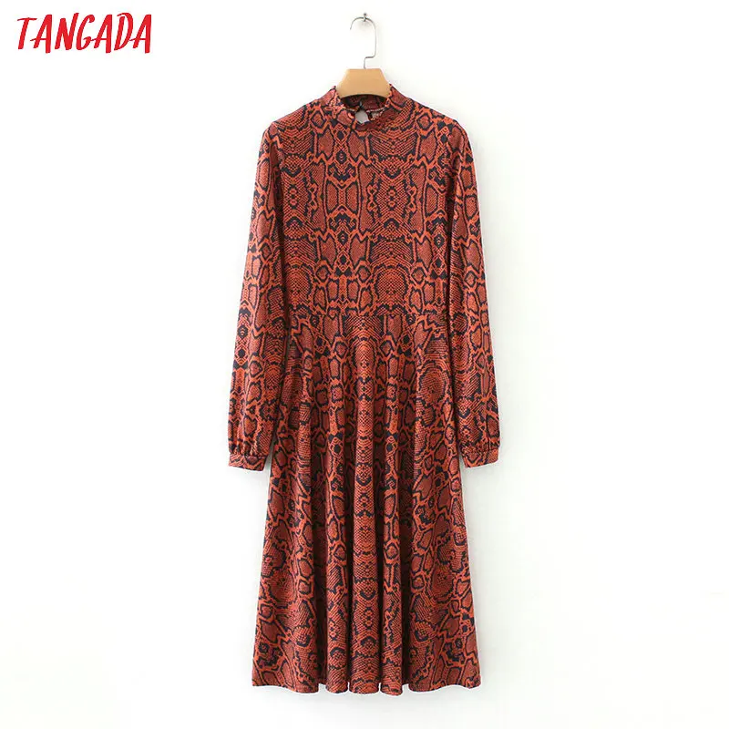 

Tangada women stretch midi dress snake print long sleeve vintage stand neck vintage sexy lady pleated dresses vestido 1F10