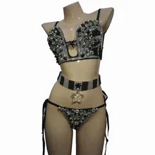 Ночной клуб блестящие стразы бикини комплект из 2 предметов костюм для певицы для сцены одежда для сцены вечерние Кристаллы Жемчуг сексуальные наряды DJ