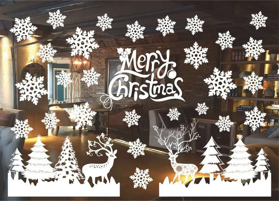Рождественские украшения на окна Санта-Клаус, олень, снеговик, снежинки, колокольчики, рождественские наклейки