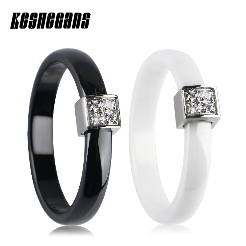 Elegant 3mm Wide Ceramic Women Rings Classic Black White Cute Pink Fashion Bling Crystal Ring Lady Girls Wedding Engagement Gift