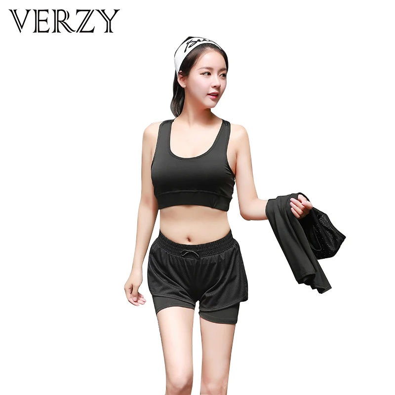 

VERZY Newest Women 3 Pieces Sport Suits Short+Bra+T-shirt Training Suit Quick Dry Mesh Running Fitness Yoga Set Cropped Trousers