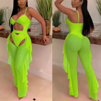 

2PCS Women Ladies Solid Sleeveless Mesh Perspective Bodycon Slim Jumpsuit Playsuit Bodysuit+Long Mesh Pants Summer Holiday Set