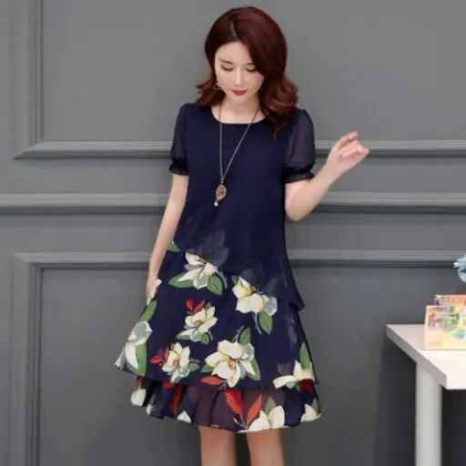 

2019 Summer Plus Size Chiffon Floral Dresses For Women Print Short Party Dress Women Elegant Dress Blue vestido DW891