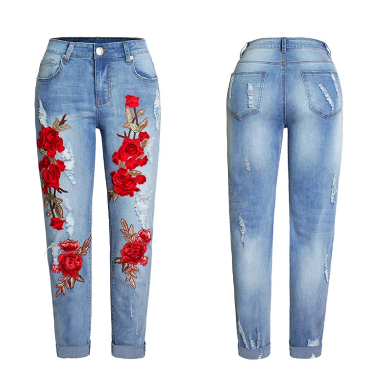 2017 Hot Vogue Jeans Women Stretch Loose Denim Pants Floral 3D Embroidery Bleach Ripped Pants Female Elastic Denim Jeans Pants