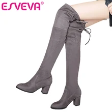 ESVEVA/ г. Ботфорты зимние женские сапоги из флока с круглым носком женские модные сапоги из эластичной ткани на шнуровке Большой размер 34-43