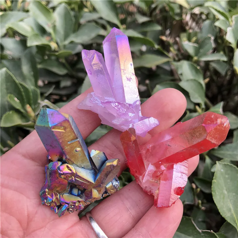 

3pcs Beautiful Aura Crystal Cluster Angel Aura Titanium Quartz Crystal Stunning Rainbow Specimen Minerals Reiki Healing Chakra