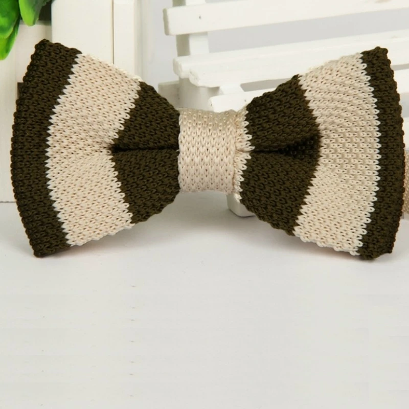 

1pc Men's Striped Bowtie Beige OliveGreen Knitted Pre Tied Knit Bow Tie Groom Bow Tie Double Layer Classical Wedding ZZBW223