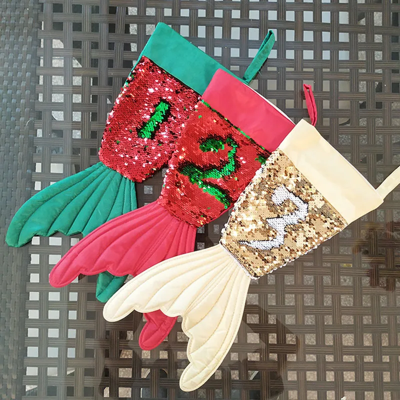 Christmas Decorations Mermaid Reversible Sequins Socks Tree Home Pendants Kid New Year Gift Bag | Дом и сад