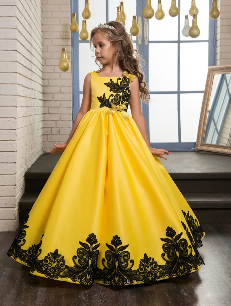 2017 Newest Yellow Pageant Birthday Dresses Ball Gown Flower Girl Dresses Custom Made Vestidos Longo Kids Party Dresses