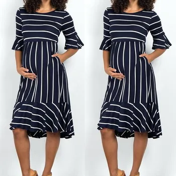 

Women Mother Pregnancy Dress Flore Sleeve Striped Sundress 2019 Maternity Gown Pregnancy Dress Summer Vestido Gestante