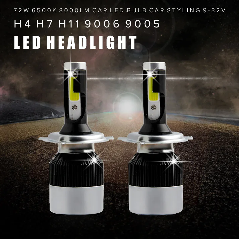

2X Low Beam & High Beam 72W 8000lm/pair H4 Headlight Kits 6500K Led COB Chip Auto Led H4 Car Bulb with Cooling Fan Series