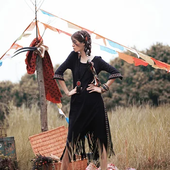 

Spring Summer Women Black Long Dress Ladies Vintage Embroidery Sexy Fringe Indian Flock Suede Casual Long Dress vestido longo