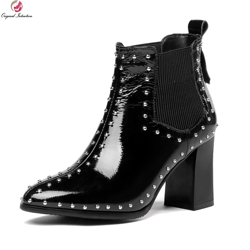 Original Intention Fashion Women Ankle Boots Leather Rivets Pointed Toe
