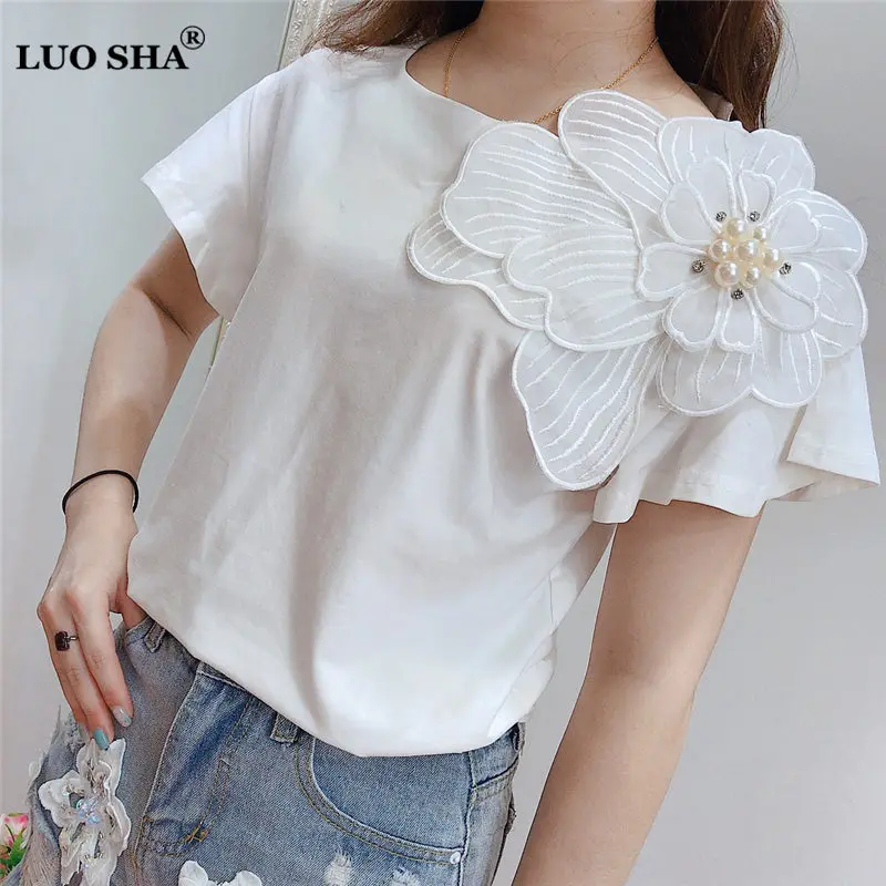 LUOSHA, женская летняя футболка, 3D цветок, груша, бисероплетение, рукава с оборками, свободная хлопковая Футболка и топы, женские повседневные белые футболки