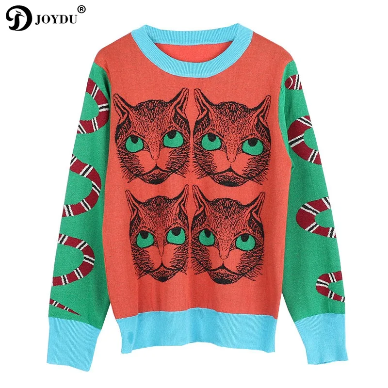 

JOYDU Spring Sweater For Women 2018 New Runway Design Jumper Snake Cat Head Pattern Vintage Embroidery Tops Casual Knit Pullover