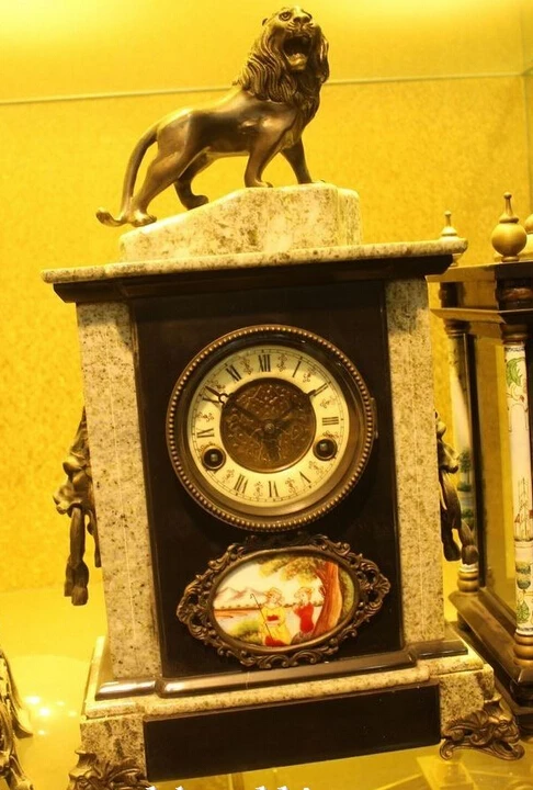 

R0722 Details about 19"Costful West Art Folk collection Bronze marble Lucky Lion Machinery Clock