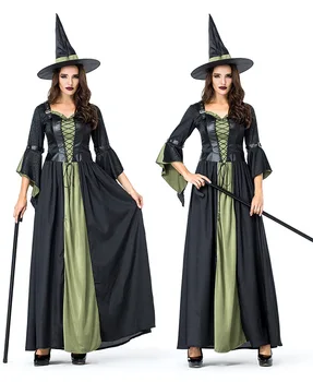 

2019 Fantasia Adult Halloween Long Black With Green Witch Costume Women Carnival Masquerade Witch Cosplay Costume Fancy Dress