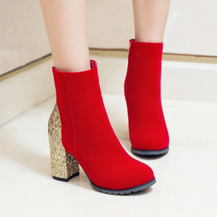 

Big Size 11 12 13 14 15 16 17 Ma'am Coarse heel Short boots Sequins decoration Fashion boot barrel High heel boots