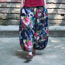 Женские осенние Ретро Непальские хлопковые льняные шаровары с цветочным принтом винтажные шаровары штаны эластичные Капри по талии с цветочным рисунком