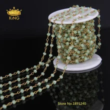 5Meter/lot Glass Crystal Plated Bronze Wire Wrapped Link Beaded Chains,Green Glass Faceted Rondelle Chain Jewelry Bulk LS34