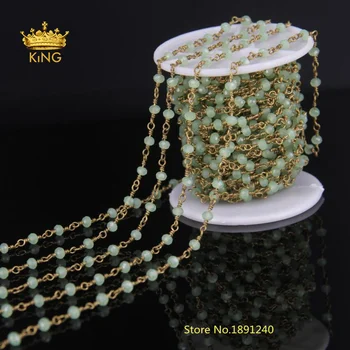 

5Meter/lot Glass Crystal Plated Bronze Wire Wrapped Link Beaded Chains,Green Glass Faceted Rondelle Chain Jewelry Bulk LS34