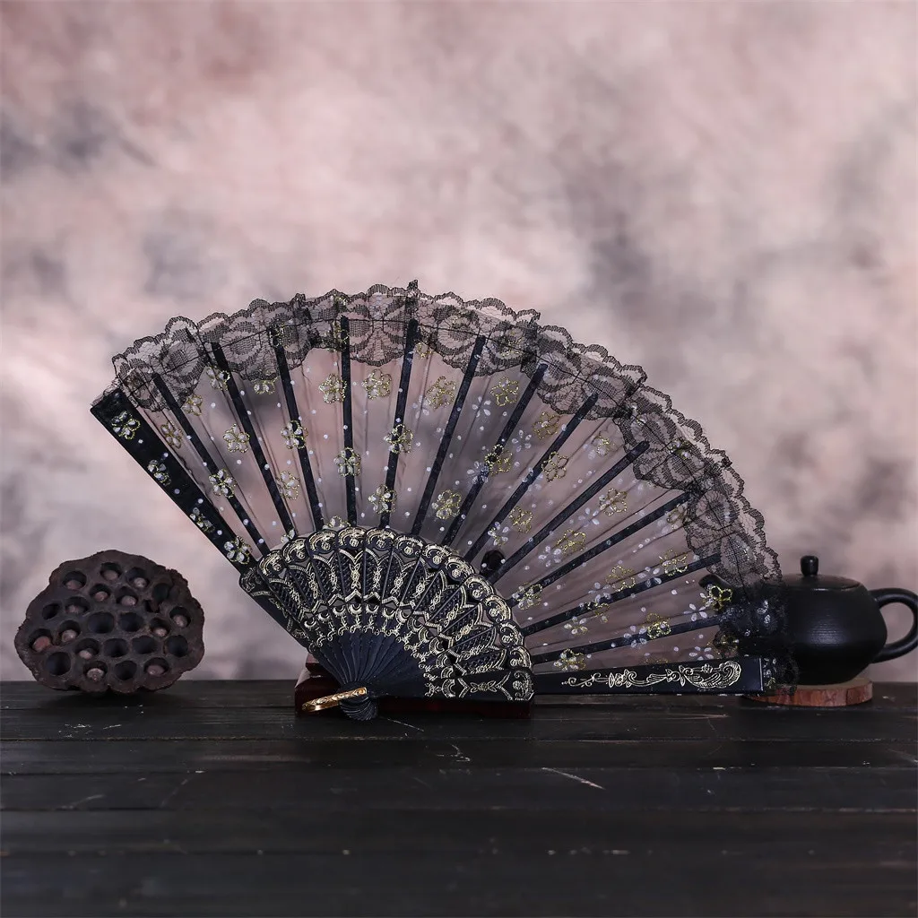 

2pc Hand Fan Best Chinese Style Dance Wedding Party Lace Silk Folding Hand Held Flower Fan Folding Fan Hand Fans Wedding Favors