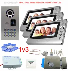 Для 3 квартиры телефон видео домофон Системы Дверные звонки IP65 Водонепроницаемый видеотелефон 7 "Цвет ЖК-видео RFID + замок