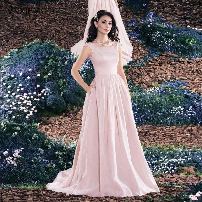 VNXIFM 2019 New Beach Short Sleeves Beaded Belt Temple Bridal Gowns Queen Anne Neck Informal Reception Wedding Dress | Свадьбы и