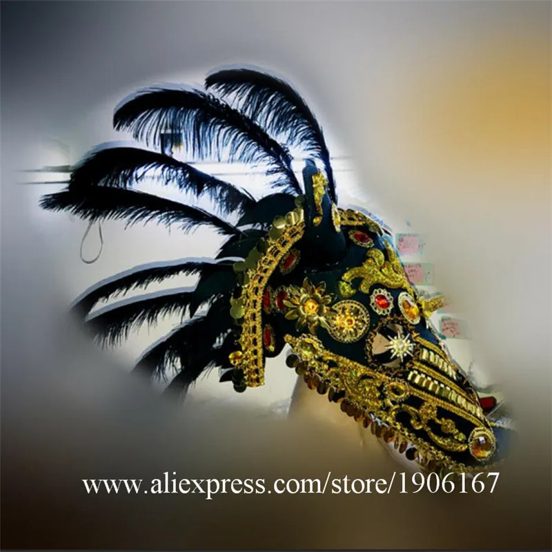 Ballroom dance costumes dj stage head piece wears show catwalk performance dress horsehead feather headwear outfits helmet3