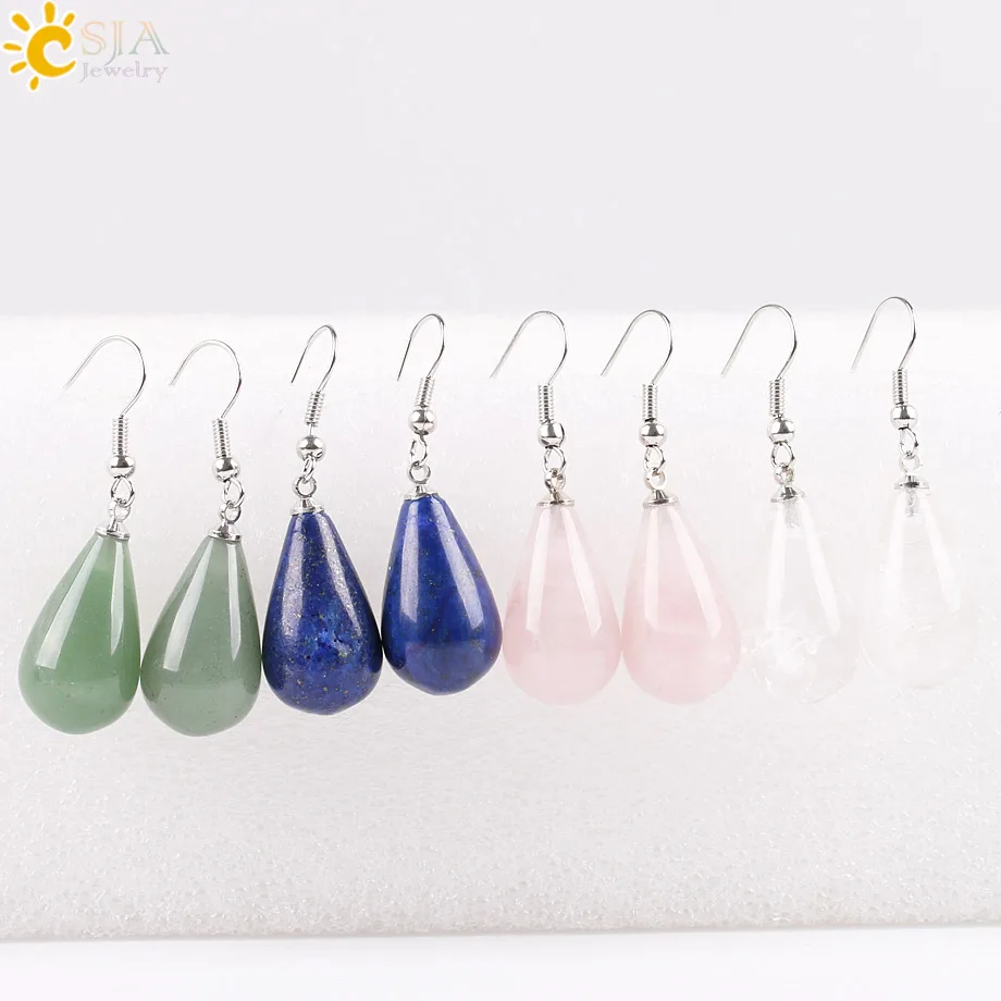 CSJA 16 Colors Classic Tear Water Drop Natural Stone Beads Crystal Pendant Dangler Dangle Earring Women Jewelry Decoration E108