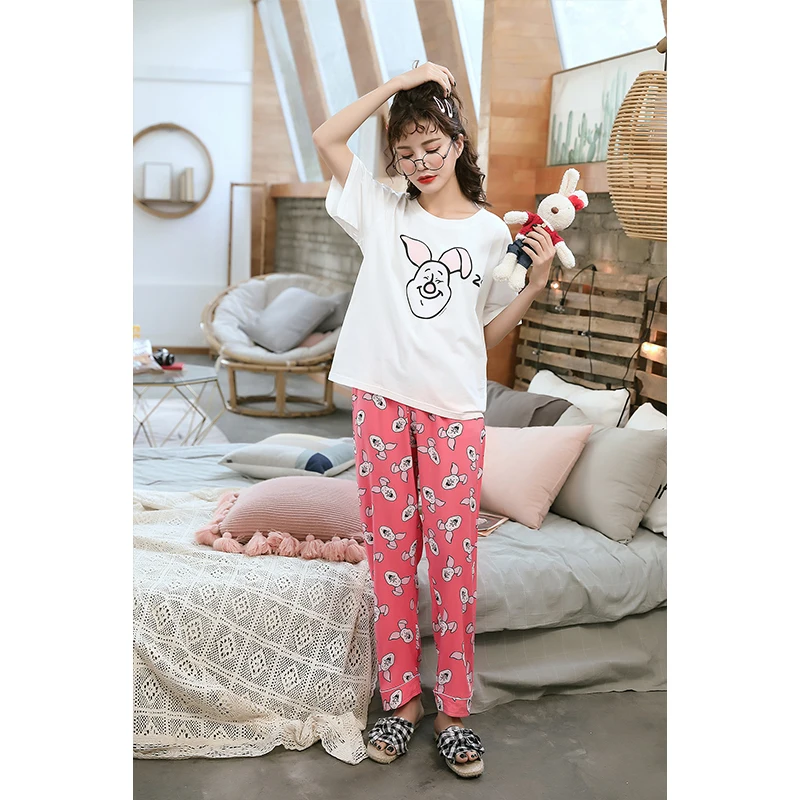 Caiyier/ г. Летние хлопковые Пижамные комплекты с короткими рукавами милая одежда для сна с принтом Мики и медведя для девочек ночная рубашка с мультяшным принтом, домашняя одежда - Цвет: Trousers Rabbit
