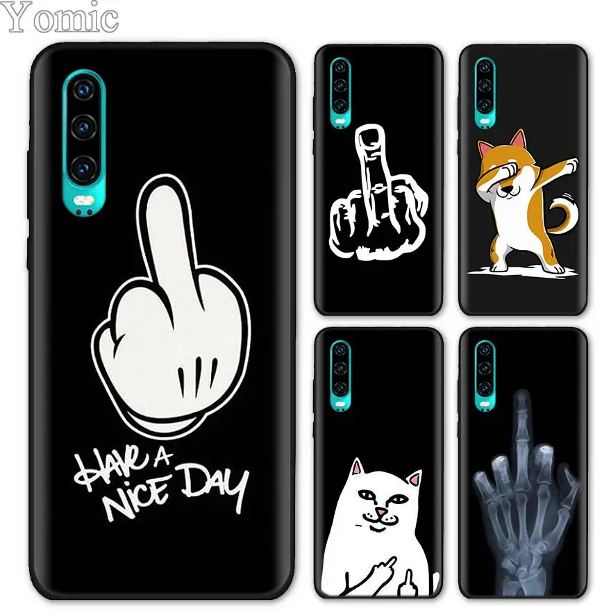 

Cartoon Middle Finger Cat Dog Black Soft Case for Huawei P20 P30 Pro P9 P10 P20 P30 Lite P Smart Plus Mate 10 20 Lite Case Cover