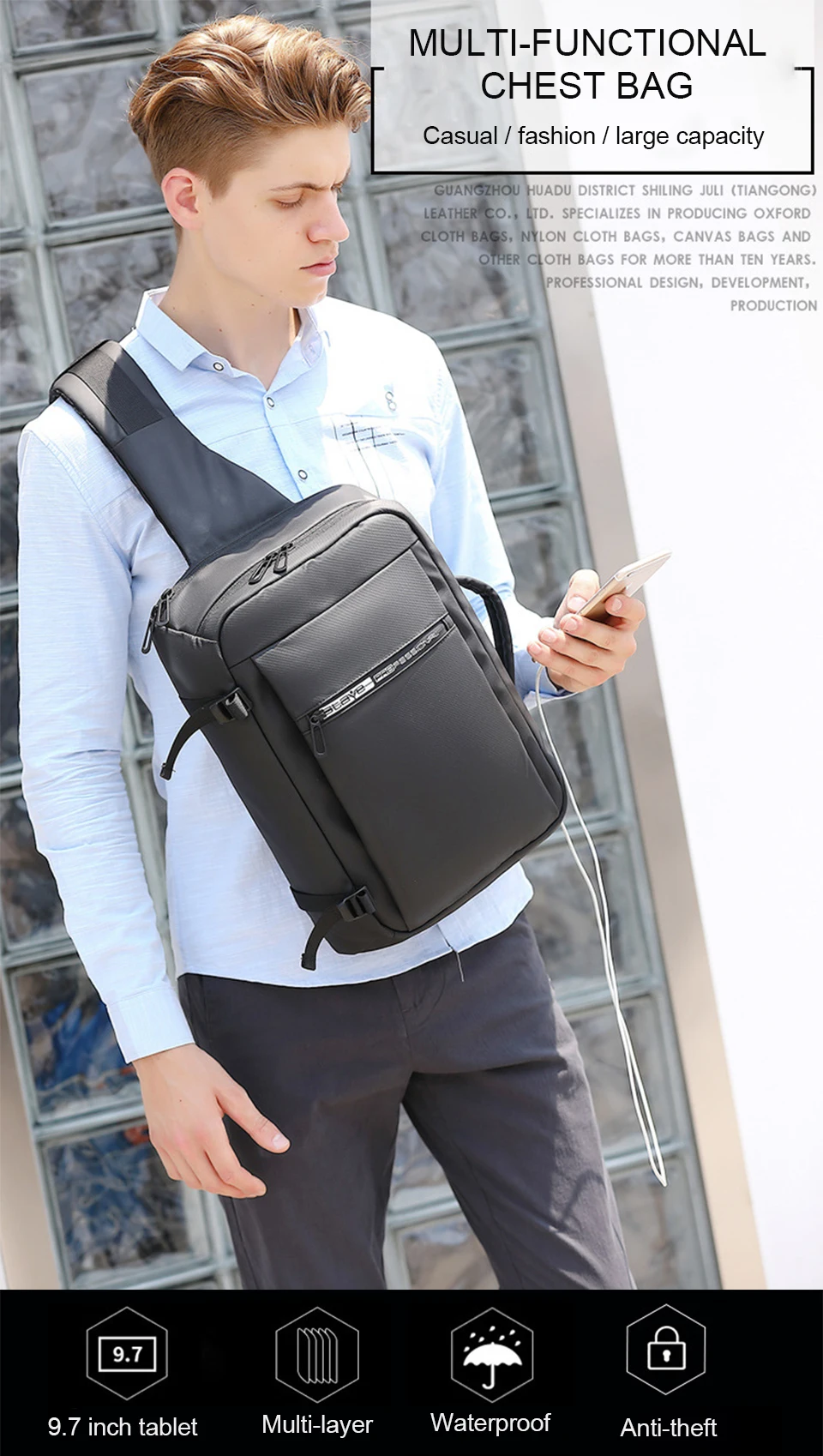 Men Chest Bags Anti Theft Travel 14'' Laptop Bag Waterproof USB Charging Bolso Business Male Bagpack Crossbody Shoulder Handbag (1)