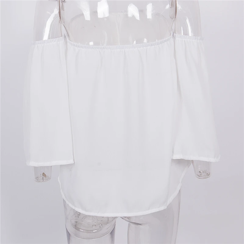 Сексуальная Женская Повседневная рубашка в стиле бохо с открытыми плечами, летние укороченные топы, белая шифоновая рубашка с расклешенными рукавами, женская элегантная блузка в стиле Харадзюку