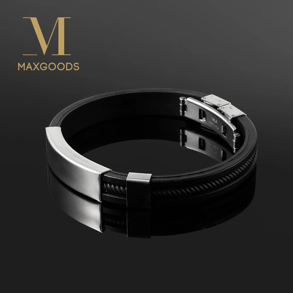 

New Fashion Wristband black Punk Rubber Silicone Stainless Steel Men Bracelets Bangles pulseras hombre caucho