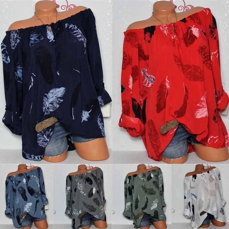 

Large size Women's Blouse 2019 spring new loose word collar thin large feather print shirt S-5XL