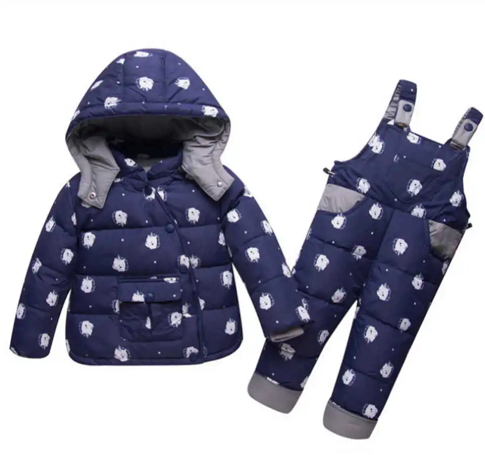 Комплект детской зимней одежды для мальчиков и девочек, куртка на утином пуху+ штаны, костюм, толстая верхняя одежда, пальто, малыш новорожденный младенец, зимняя одежда - Цвет: navy blue