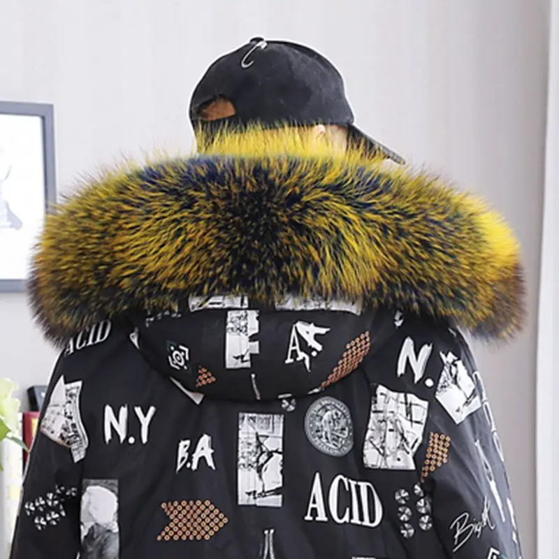 

New arrival lady winter fashion parka hood trim natural raccoon fur collar 75cm length down coat real fox fur